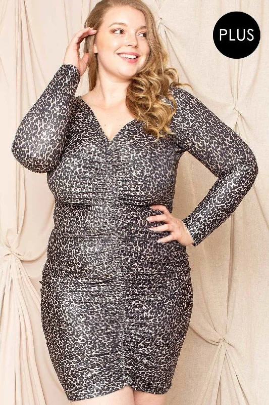 Leopard Print Shirring Plus Size Mini Dress Casual V-Neck Mini Dress