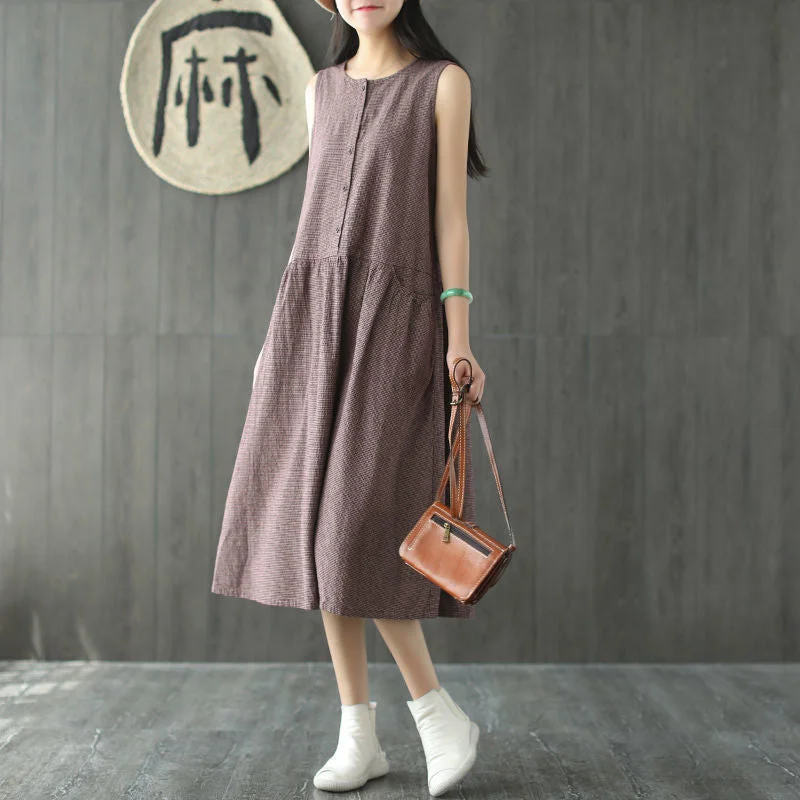 Vintage Sleeveless Linen Summer Midi Dresses Trendy Boho Midi Dress