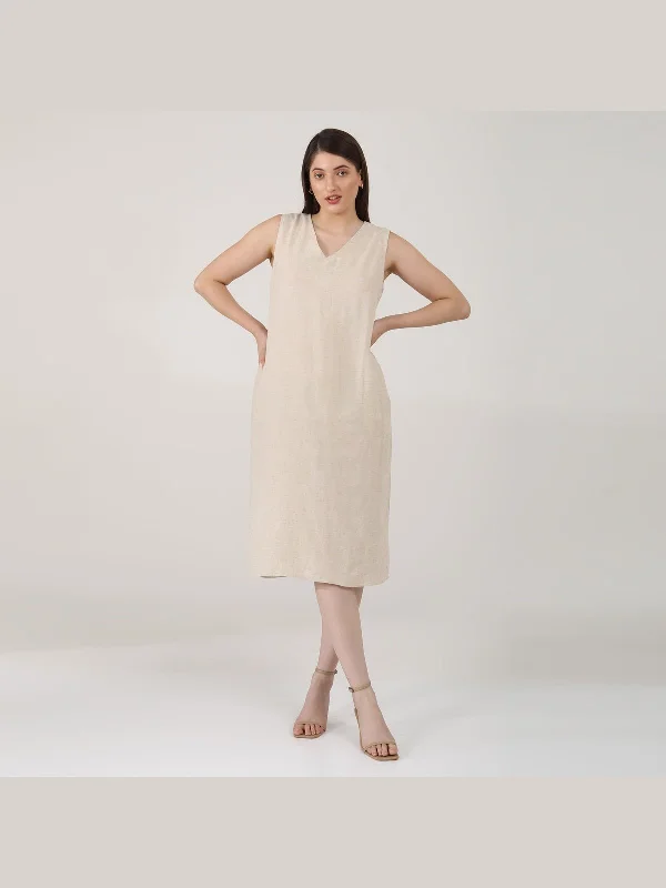 Solid Linen Midi Dress Beige Cozy A-Line Midi Dress