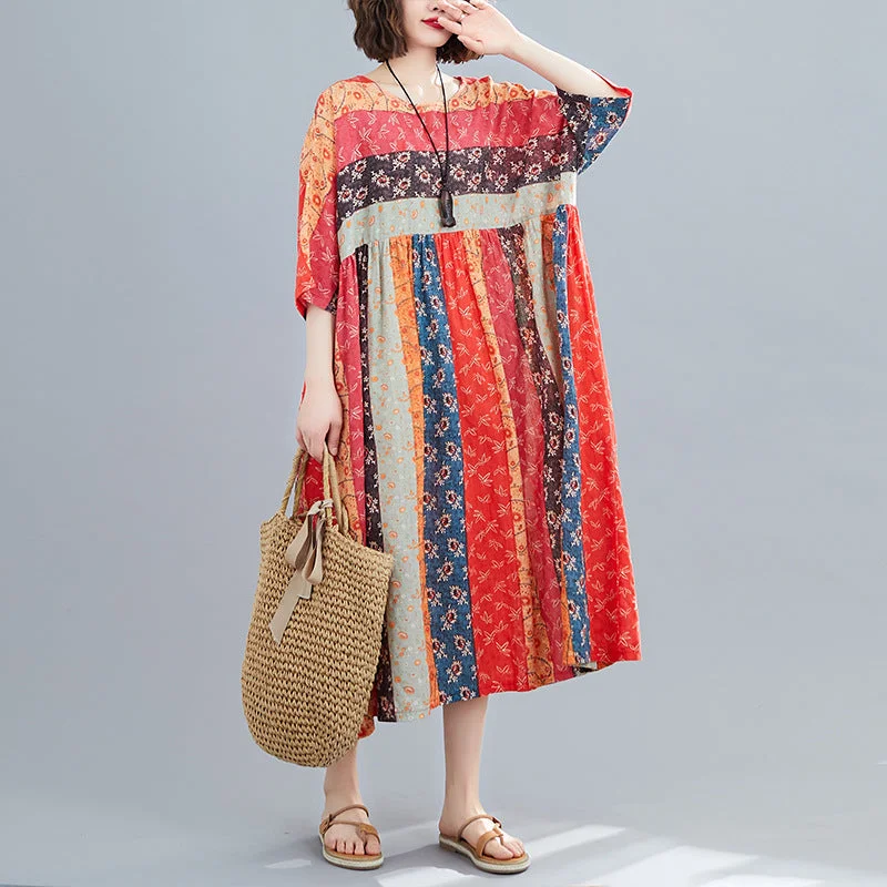 Women Summer Linen Plus Sizes Midi Dresses Comfortable Deep V Midi Dress