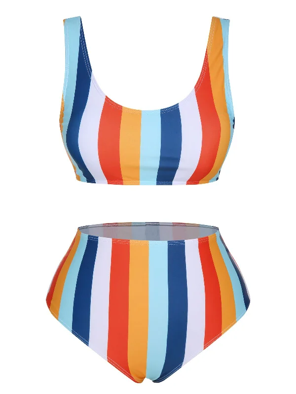 1930s Scoop Neck Rainbow Striped Swimsuit Set Luxury Swimsuit Style