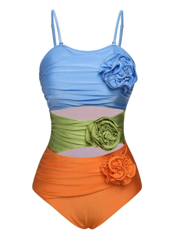 1930s Spaghetti Strap Contrast 3D Flower One-Piece Swimsuit High-Waist Bikini Set