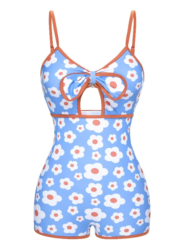 1930s Spaghetti Straps Cartoon Flowers Boxer Swimsuit Cross-Back Bikini