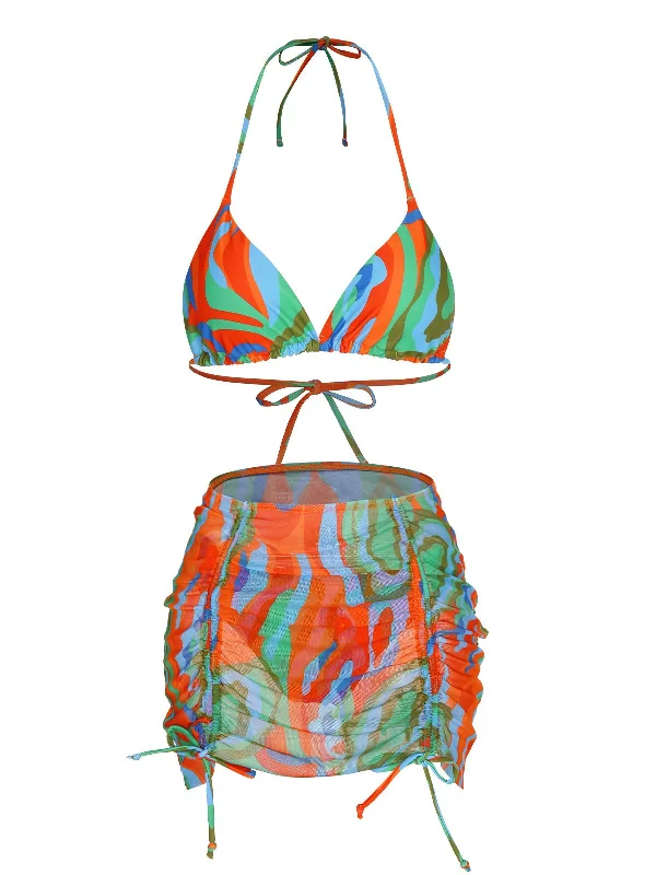 1950s Colorful Swimsuit & Drawstring Skirt Cover Up Mesh Panel Swimwear