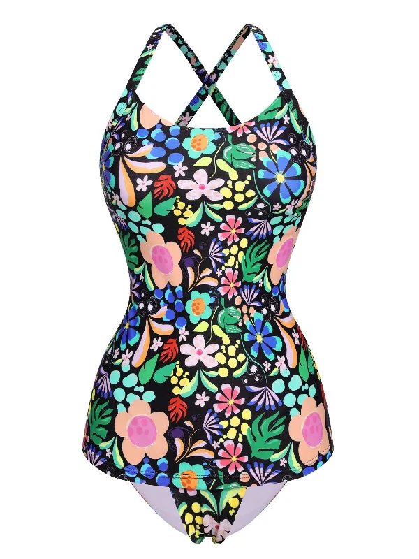 1950s Hippie Floral Strap One-Piece Swimsuit Two-Piece Beachwear