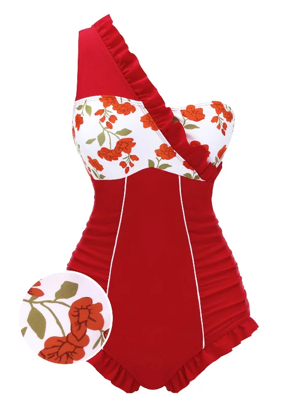 1950s One-shoulder Ruffle One-piece Swimsuit Sexy Two-Piece Set