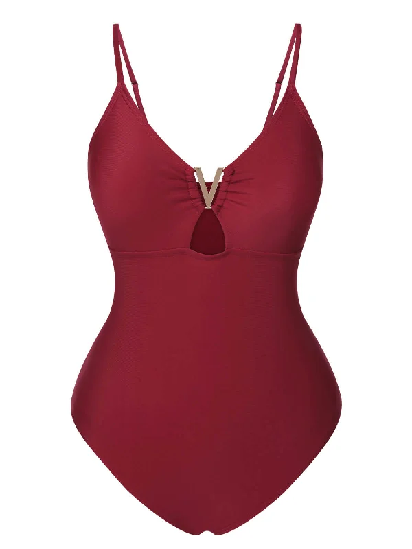 1950s Solid Hollow V-Neck One-Piece Swimsuit Push-Up Bikini Bottoms