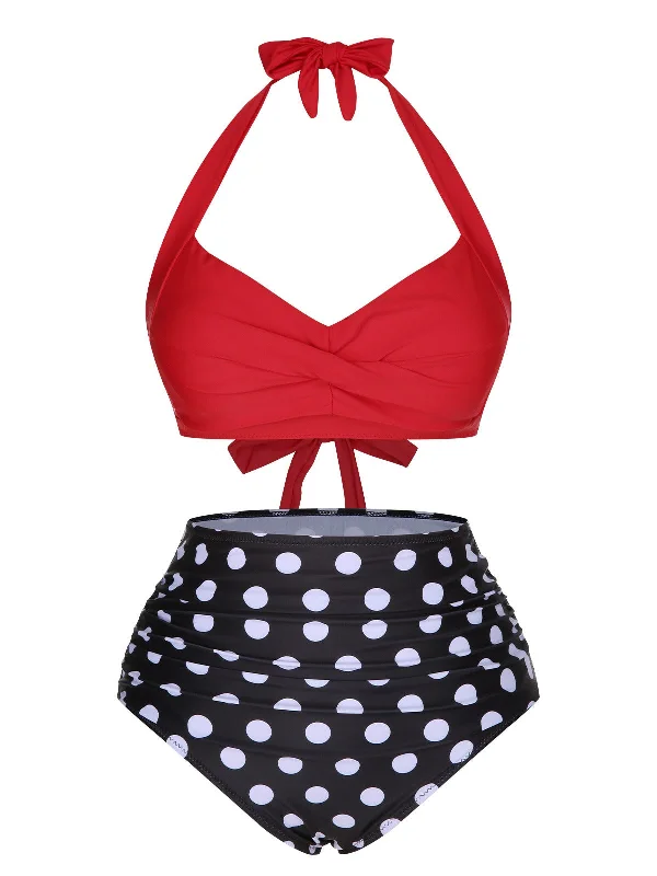 1960s Polka Dot Halter Back Strap Swimsuit Sporty Swimsuit Style