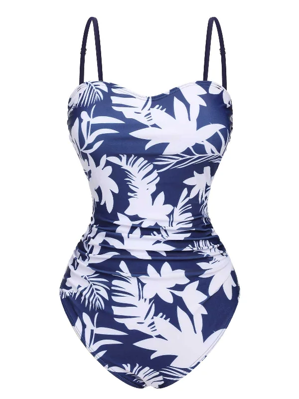 1960s Spaghetti Strap Plants Solid One-Piece Swimsuit Bold Swimsuit Design