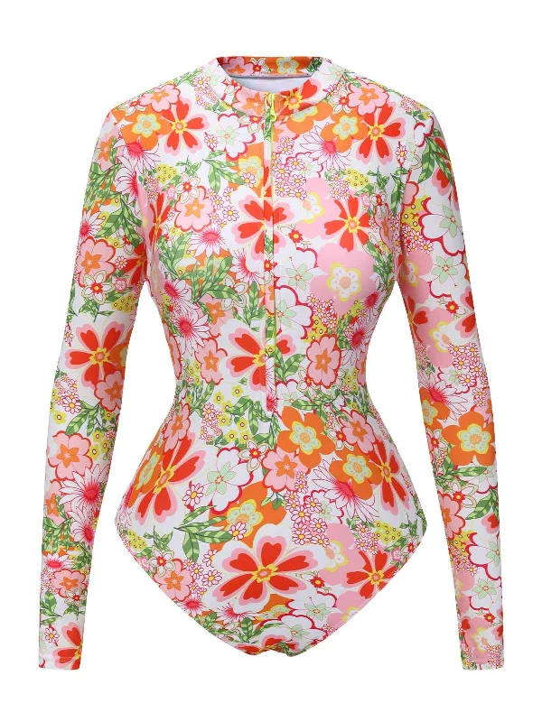 1970s Colorful Floral Print One-Piece Swimsuit Plus-Size Bikini Set