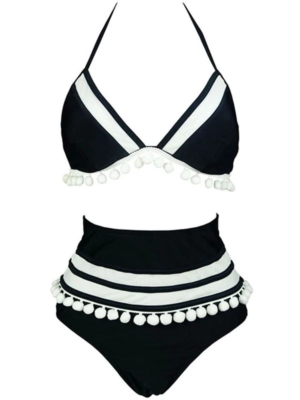 1970s Halter Patchwork Pom Pom Swimsuit Quick-Dry Tankini