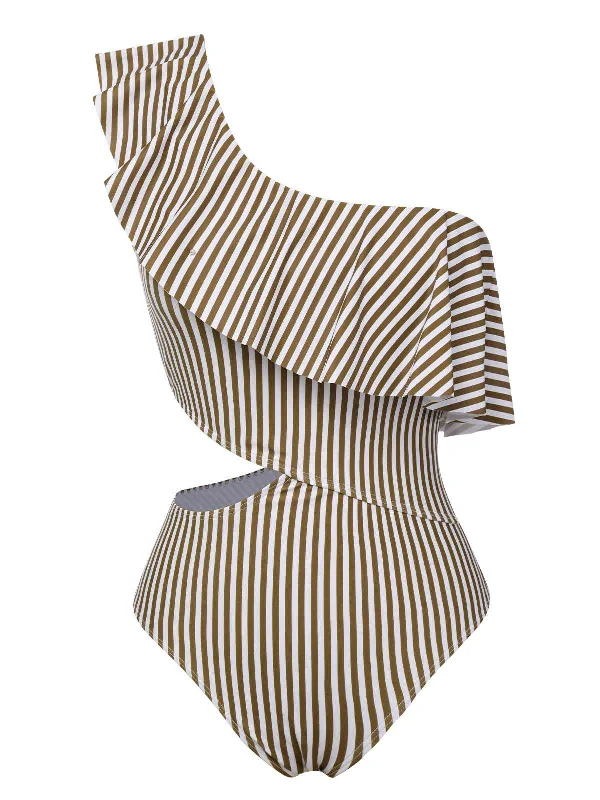 1970s One-Shoulder Stripes Ruffles One-Piece Swimsuit Stylish Swimsuit Set