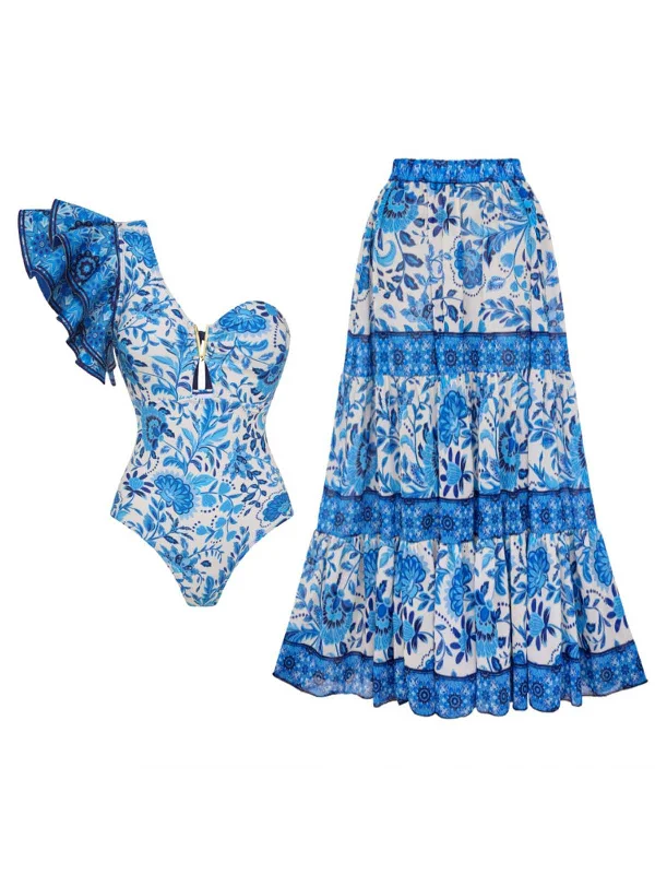 2PCS Blue 1950s One-Shoulder Print Swimsuit & Cover-Up Tropical Print One-Piece