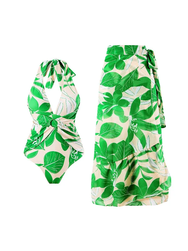 2PCS Green 1960s Plant Prints Halter Swimsuit & Long Cover-Up Ruched Swimwear Set