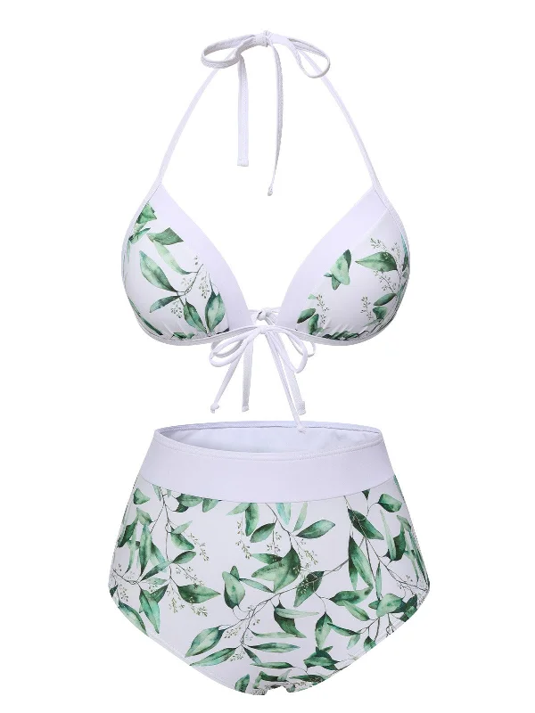 3PCS Light Green 1940s Spaghetti Straps Leaves Swimsuit Quick-Dry Tankini