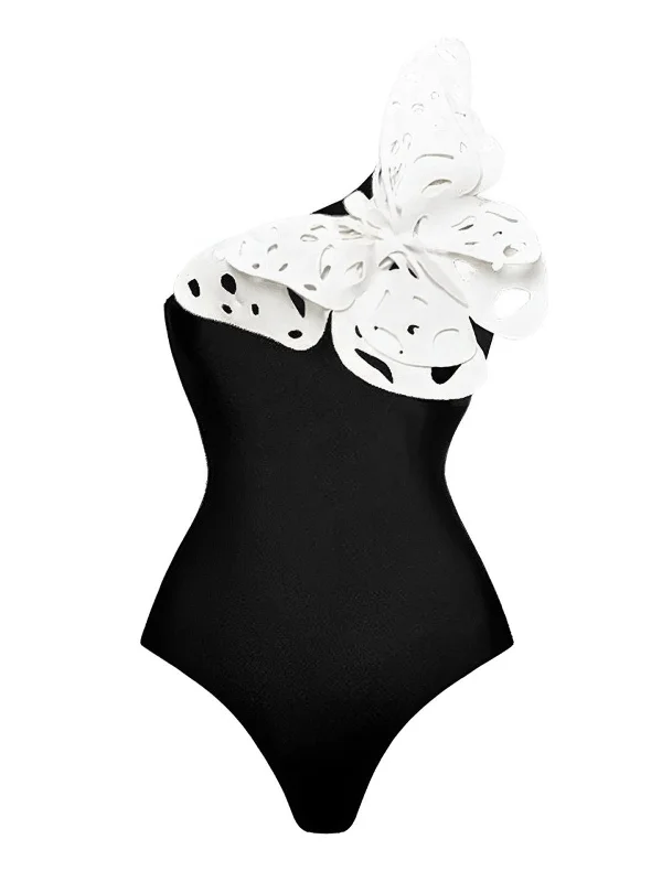 Black 1930s 3D-Butterfly One-Shoulder Swimsuit Color-Block Bikini