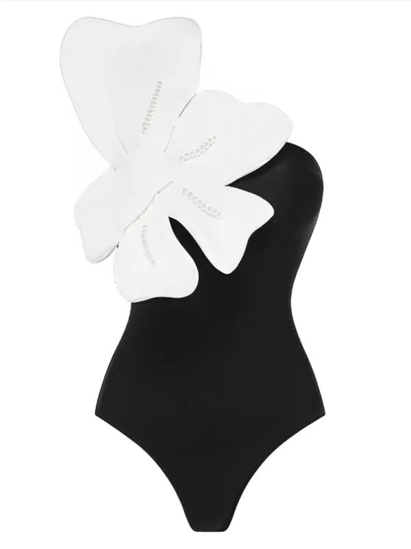 Black 1930s 3D Pearl Floral One-Piece Swimsuit V-Neck Swim Dress