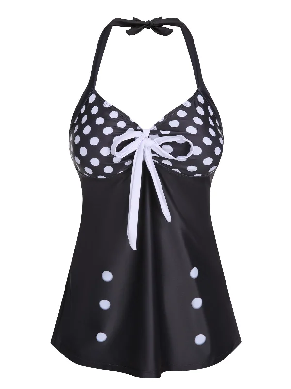 Black 1930s Halter Polka Dots Bow Swimsuit Sleek Mesh Bikini