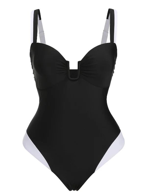 Black 1930s Spaghetti Strap One-Piece Swimsuit Crisscross Back Swimsuit