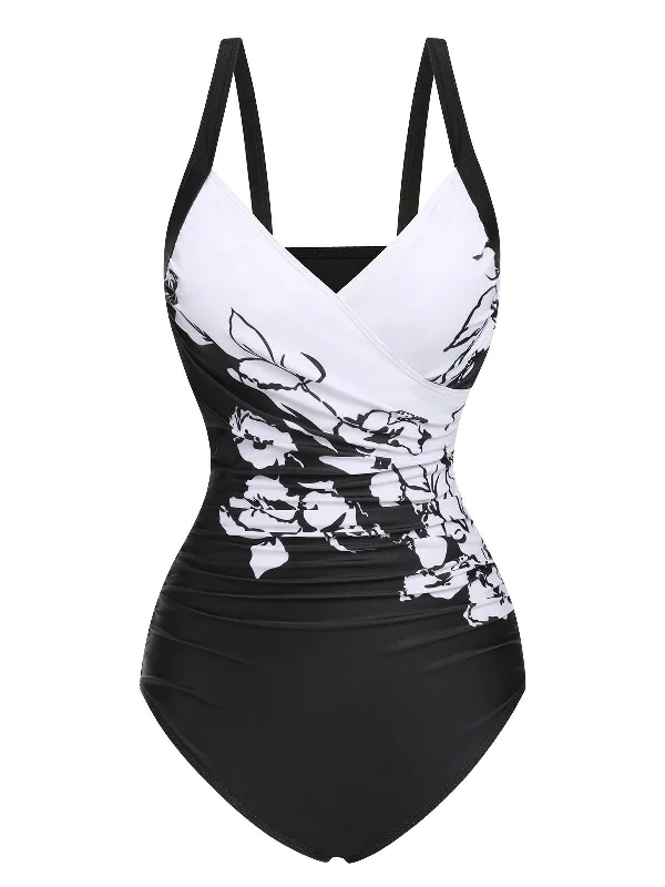 Black 1930s Wide-Straps Flowers Swimsuit High-Cut One-Piece