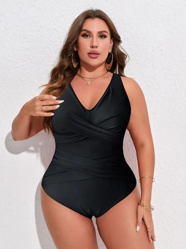 [Plus Size] Black 1940s Solid V-Neck One-Piece Swimsuit Button-Front Swimsuit