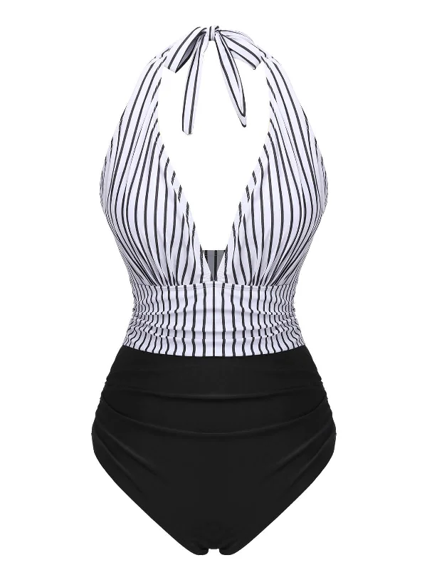 Black 1950s Deep V-Neck Stripe Swimsuit Ruffled Swimsuit Top