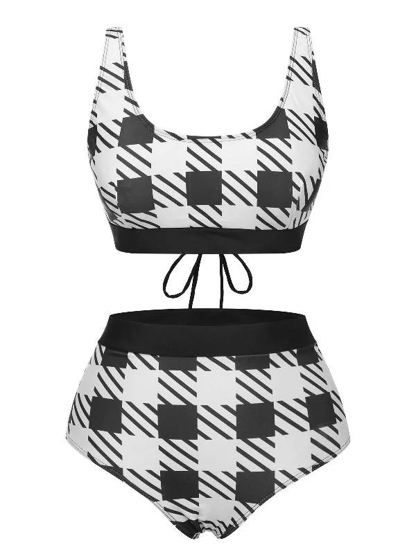 Black 1950s Plaid Wide Strap Swimsuit Quick-Dry Swimsuit