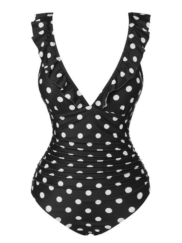 Black 1950s Polka Dot Ruffle V-Neck Swimsuit Stylish Beachwear Set