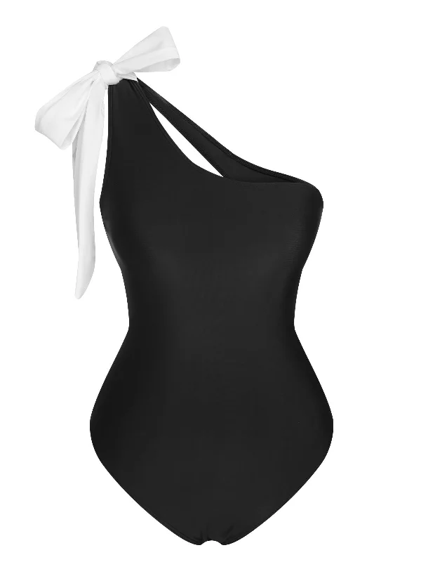 Black 1960s Solid Shoulder Tie One-Piece Swimsuit Adjustable Swim Top