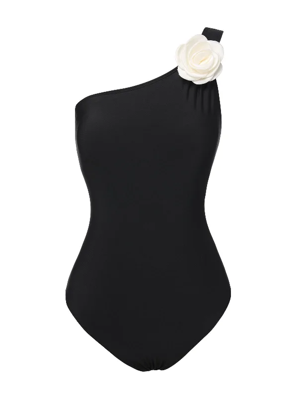 Black 1970s 3D Flower One-Shoulder Swimsuit Quick-Dry Tankini