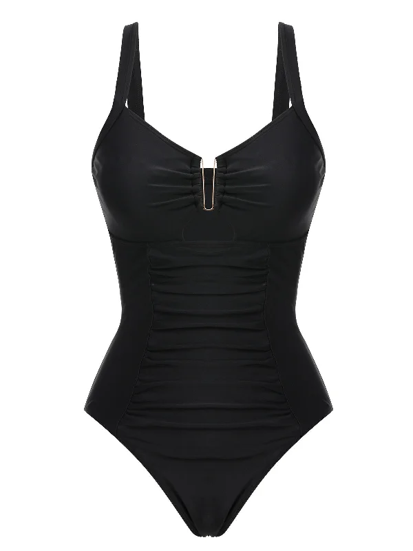 Black 1970s Solid Cutout One-Piece Swimsuit Bold Color Swimsuit