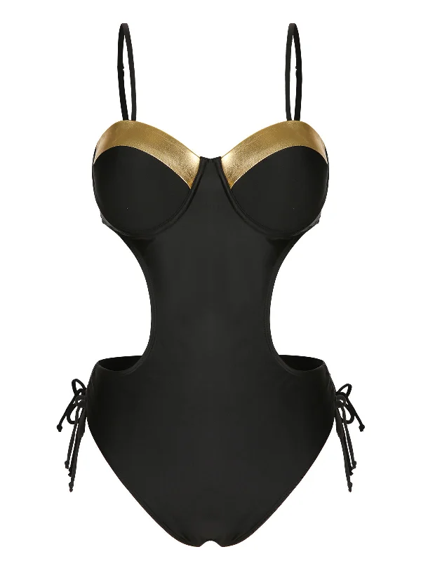 Black 1970s Spaghetti Strap Hollow One-Piece Swimsuit Classic Swimsuit Design