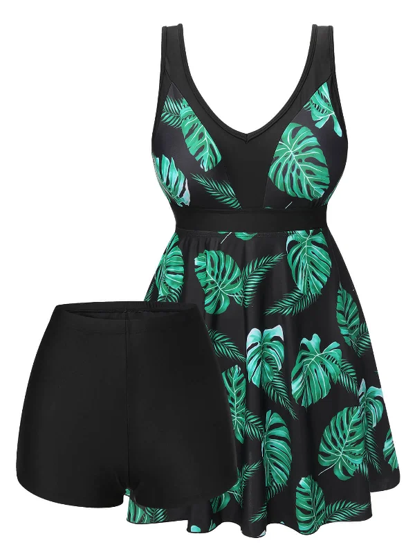 Black & Green 1950s Tropical Skirted Swimsuit Reversible Bikini Set