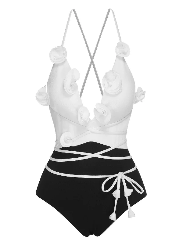 Black & White 1950s 3D Flowers Lace-Up Swimsuit Push-Up Bikini Bottoms