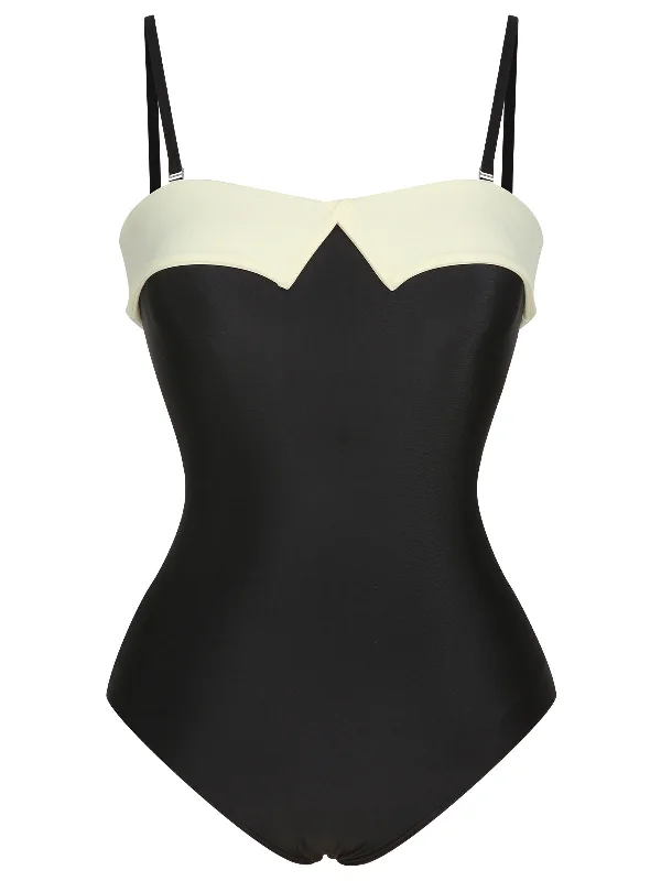 Black White 1950s Solid Bandeau Swimsuit Ruched Swimwear Set