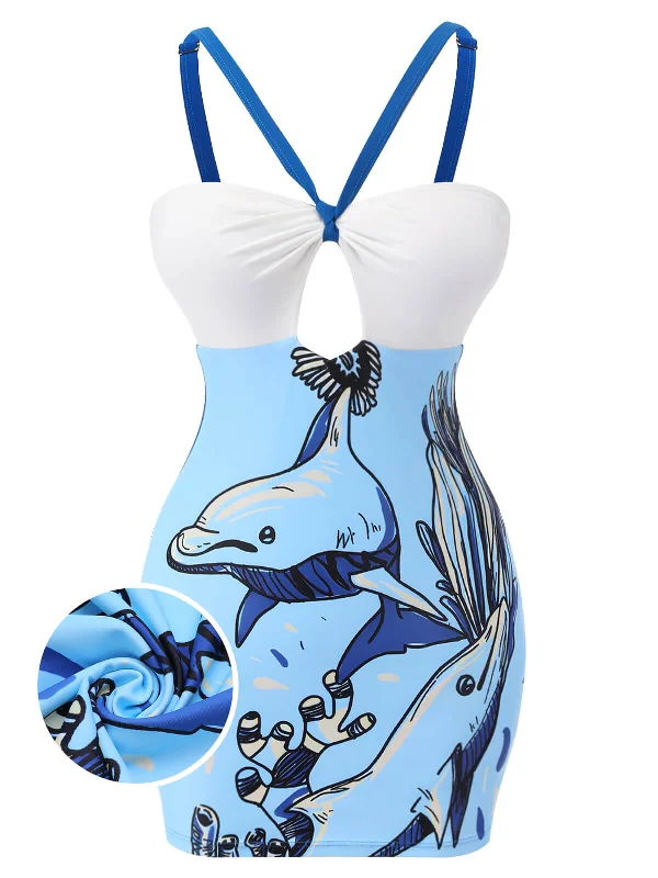 Blue 1940s Dolphin Halter One-piece Swimsuit Minimalist One-Piece