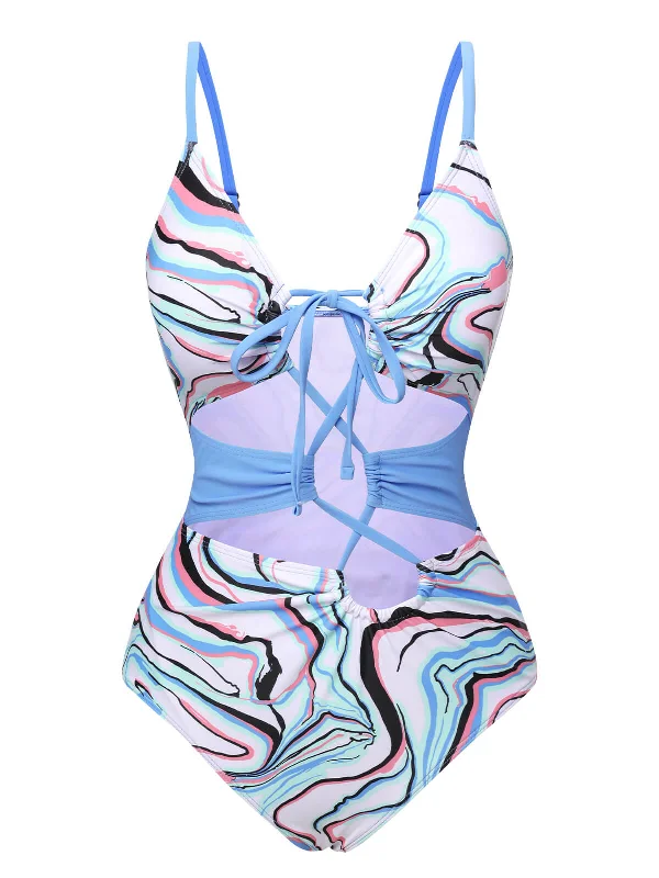 Blue 1940s Marble Print Hollow One-Piece Swimsuit Vintage Swimwear Look