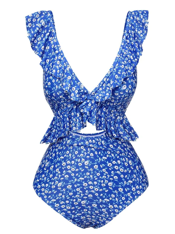 Blue 1950s Floral Ruffles One-Piece Swimsuit Tie-Back Swimwear