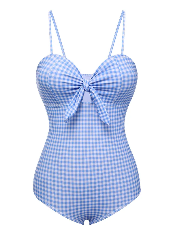 Blue 1950s Plaid Knot Strap Swimsuit Sporty Racerback Swimsuit