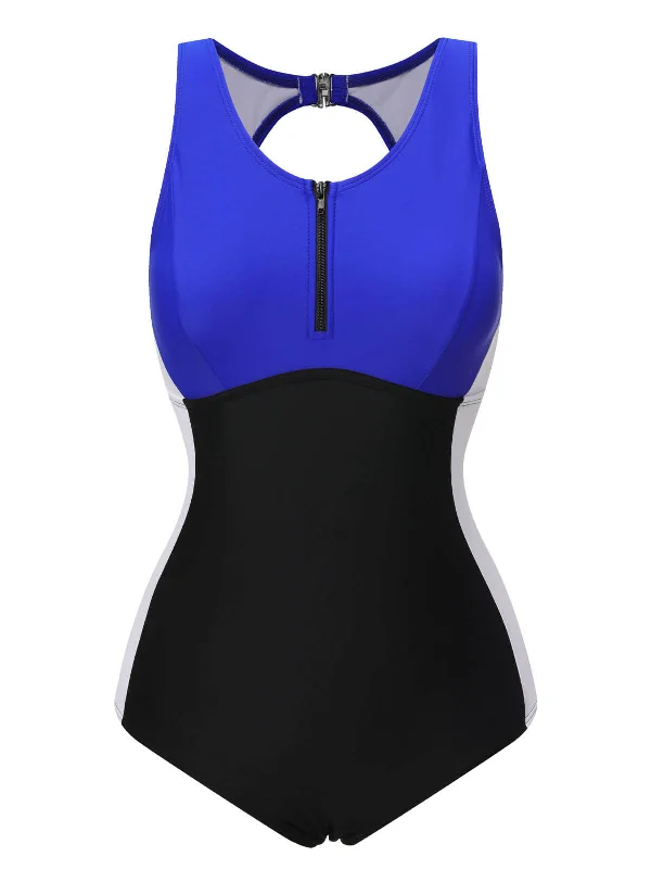 Blue Black White 1930s Color Block Swimsuit High-Waist Bikini Set