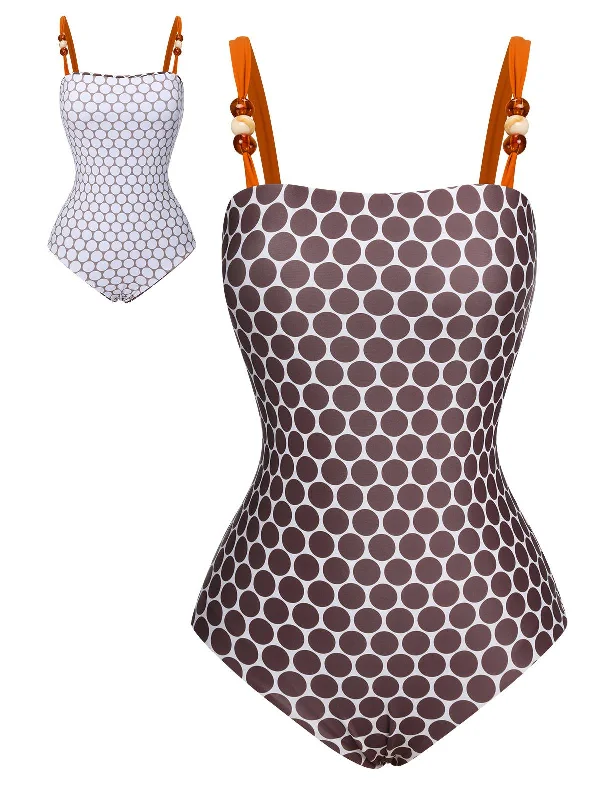 Brown 1930s Beads Straps Polka Dots Reversible Swimsuit Sporty Racerback Swimsuit