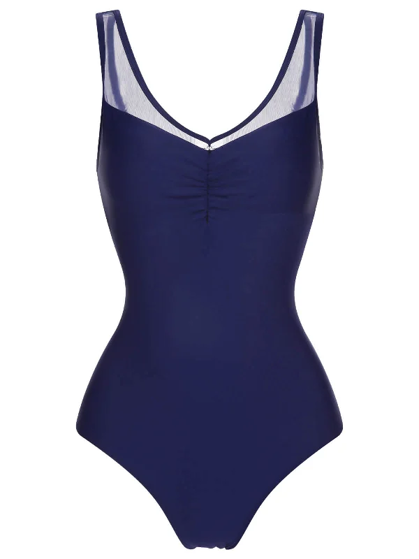 Deep Blue 1930s Solid Back Cross Swimsuit Swim Skirt Set