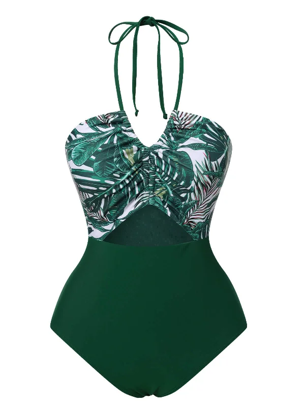 Green 1940s Tropical Hollow Out One-Piece Swimsuit Floral Swimwear Set