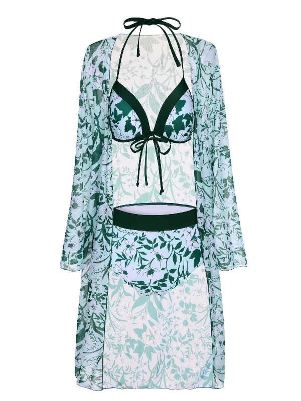 Green 1950s Halter Plants Print Swimsuit & Cover-Up Lace-Detail Bikini Set