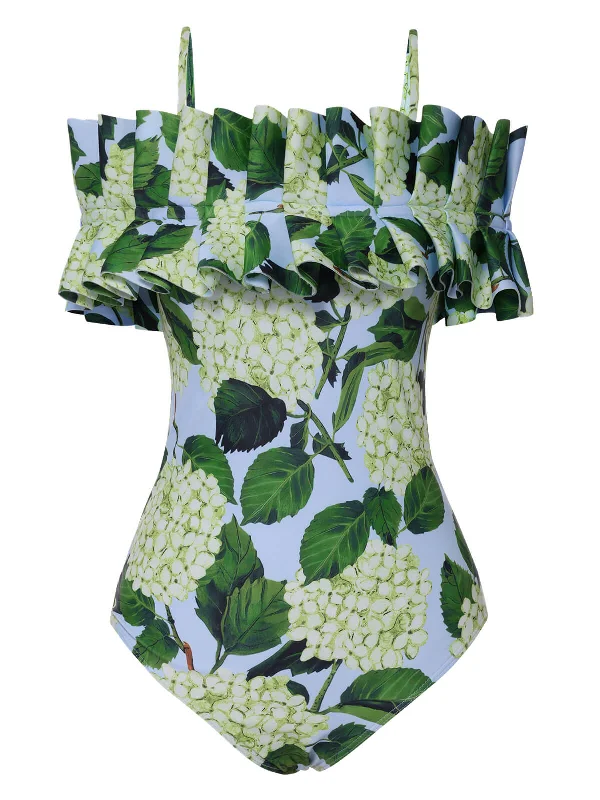 Green 1950s Hydrangea Floral Cold-Shoulder Swimsuit Floral Bikini Top