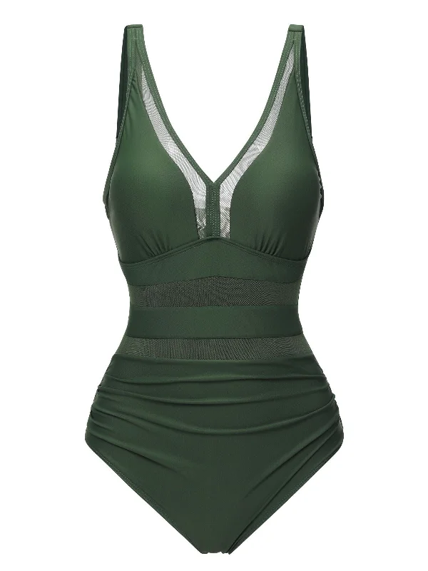 Green 1950s Solid V-Neck Lace Patchwork Swimsuit Classic Swimsuit Design