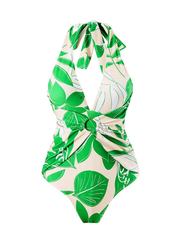 Green 1960s Plant Prints Halter One-Piece Swimsuit Push-Up Swimsuit Top