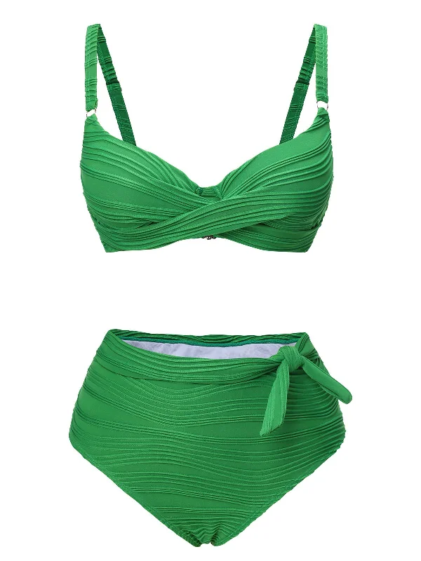 Green 1960s Pleated Solid Swimsuit Sleek Racerback Swimsuit