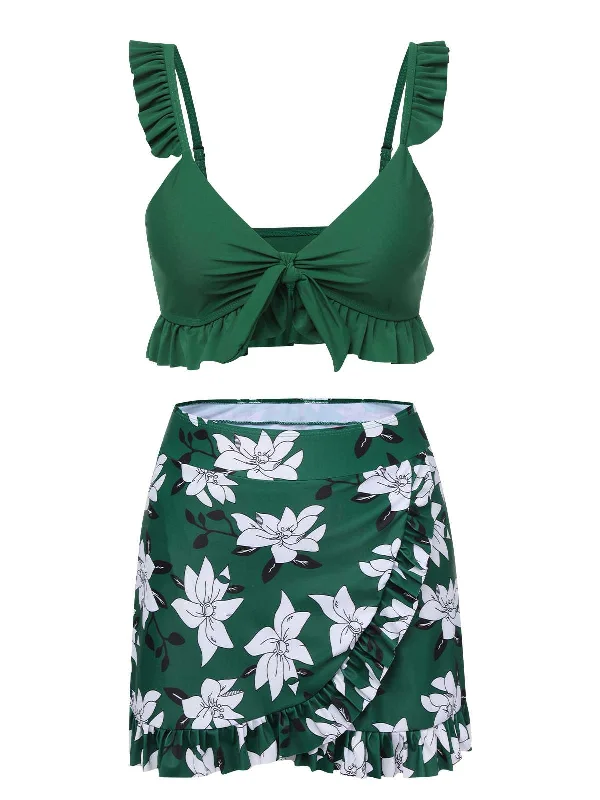 Green 1960s Strap Floral Ruffles Swimsuit Classic Sporty Swimsuit