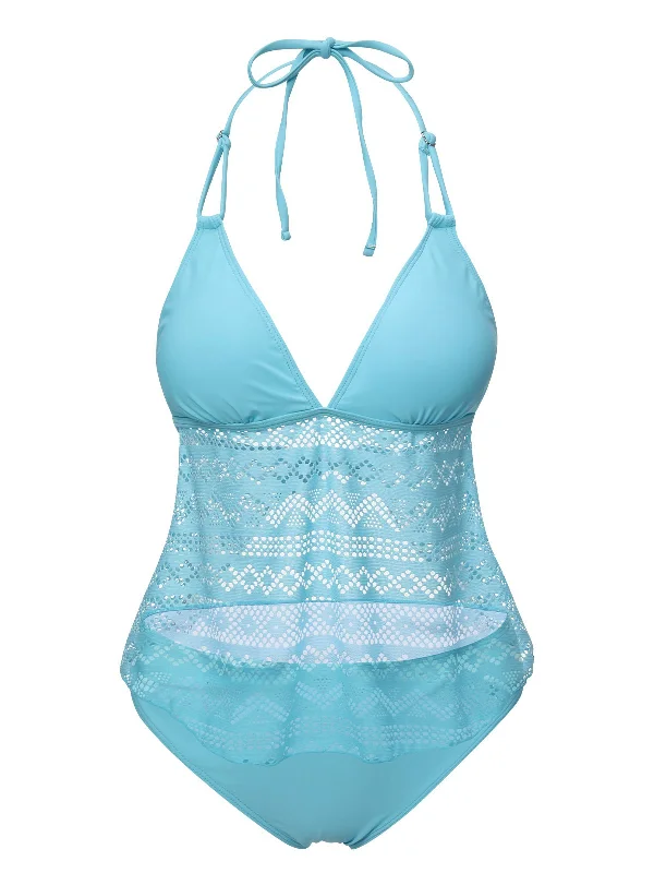 Light Blue 1930s Lace Hollow Halter Swimsuit Mesh Swimsuit Top